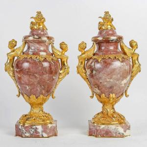 Pair Of “peach Blossom” Marble And Gilt Bronze Cassolettes 