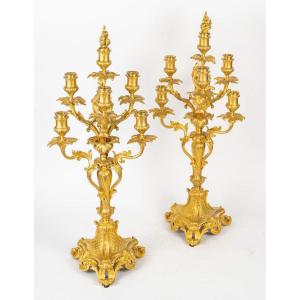 Pair Of Important Candelabra In Gilt Bronze Signed Barbediennee