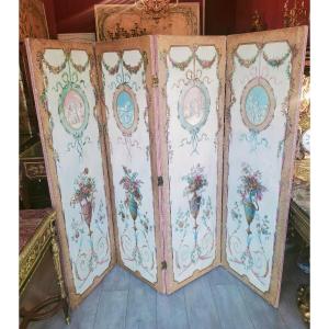 4-leaf Screen Oil On Neoclassical Painted Canvas 19th Century 