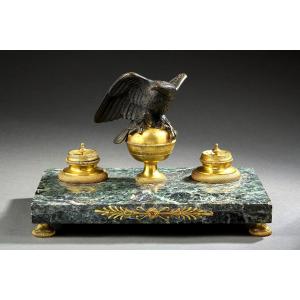 Important Encrier En Marbre Vert Et Bronze Doré Style Empire 