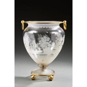 Cristallerie De Portieux Ovoid Vase In Engraved Crystal And Gilt Bronze 19th Century 