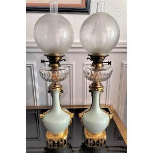 Paire de lampe en porcelaine céladon et bronze doré Époque Napoléon III 