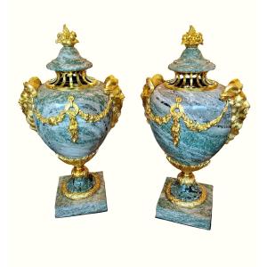 Pair Of Multicolored Green Granite And Gilt Bronze Cassolettes Late 19th Century