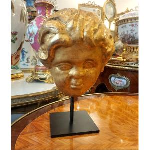 Baroque Gilded And Carved Wood Angel Head Italy 17th - 18th Century