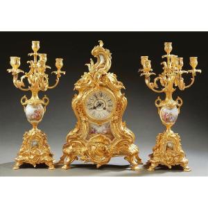 Gilded Bronze And Porcelain Plaque Mantel Set