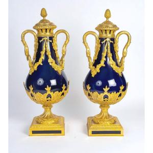 Pair Of Large Sèvres Blue Porcelain Vases With Gilded Bronze Mounts 