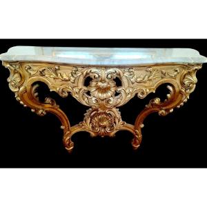 Large console en bois doré style Louis XV rocaille 19ème siècle