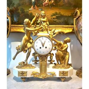 Large 19th-century Louis XVI-style Clock In Gilded Bronze And White Marble