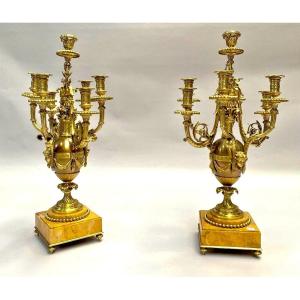 Pair Of Large Candelabra In Gilded Bronze And Marble, Late 19th Century