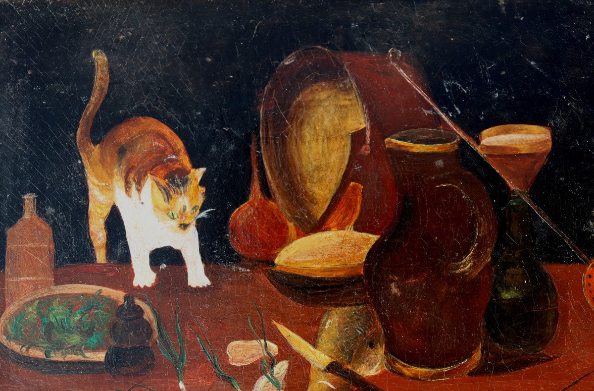 Mebzet (19th ): "still Life With Cat"-photo-3