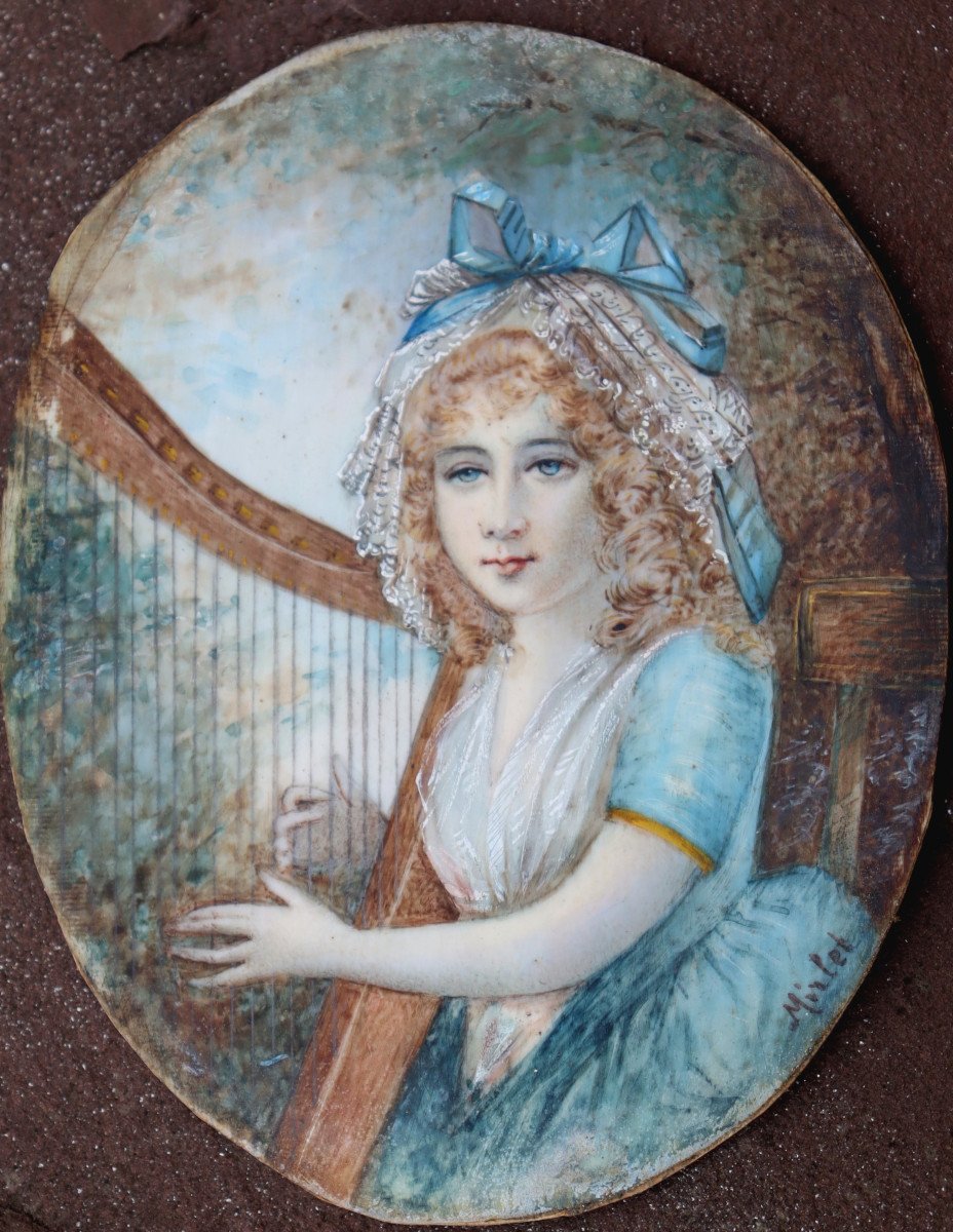 Mirlet (late 19th Century): Miniature "girl Playing The Harp"-photo-2