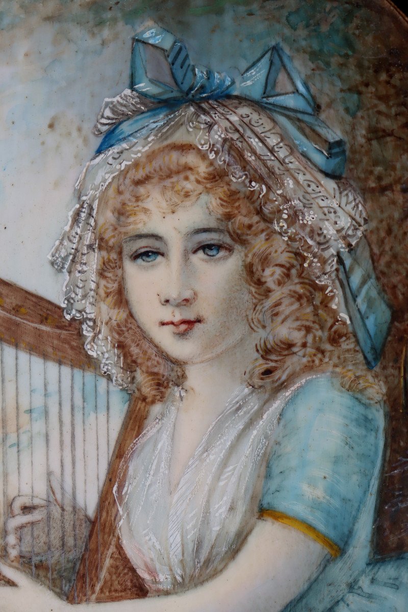 Mirlet (late 19th Century): Miniature "girl Playing The Harp"-photo-4