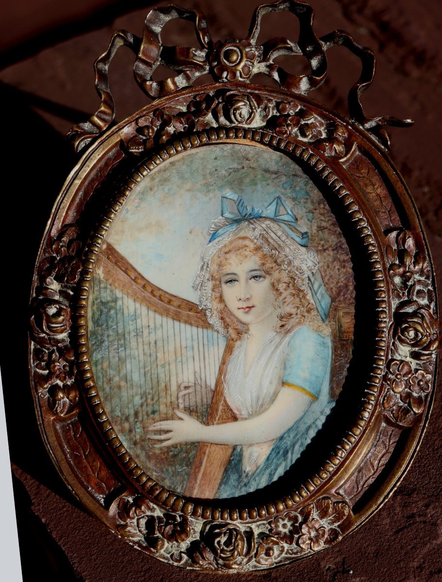 Mirlet (late 19th Century): Miniature "girl Playing The Harp"-photo-2
