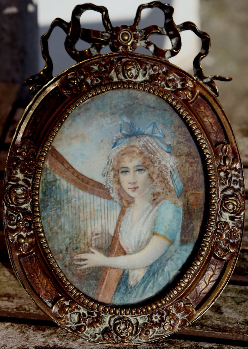 Mirlet (late 19th Century): Miniature "girl Playing The Harp"
