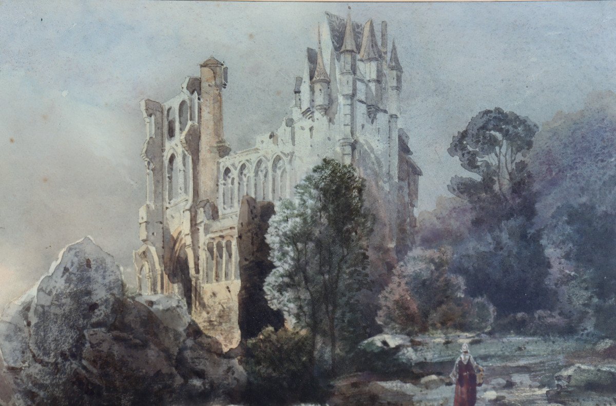 C. Lahaute (?) : "large Romantic Watercolor In The Ruins"-photo-3