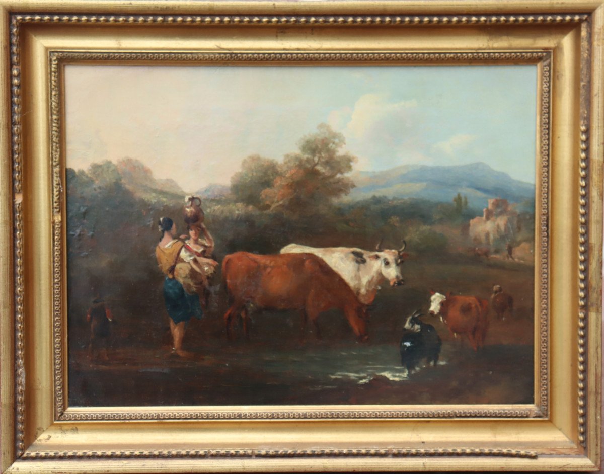 French Neoclassic School Early 19th C .: “peasants And Animals At The Gue”-photo-2