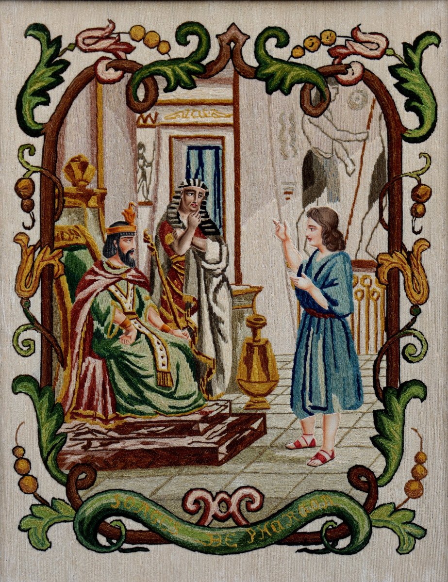 FRANCE CIRCA 1840 : BRODERIE "JOSEPH EXPLIQUANT LES SONGES DE PHARAON"-photo-2