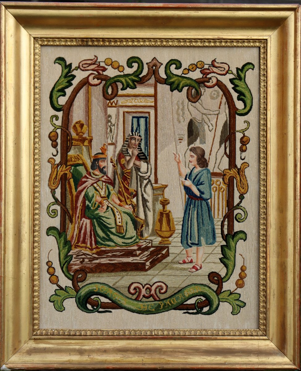 FRANCE CIRCA 1840 : BRODERIE "JOSEPH EXPLIQUANT LES SONGES DE PHARAON"