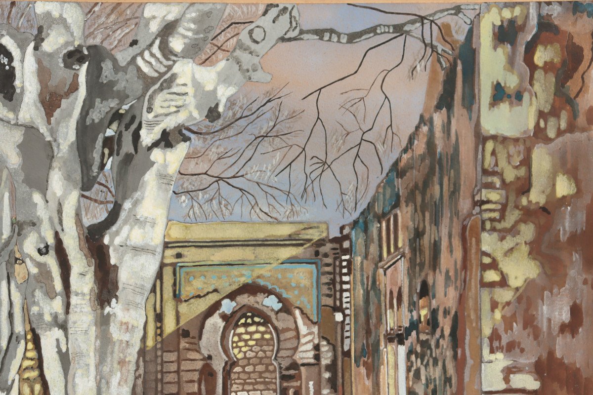 ECOLE FRANCAISE CIRCA 1930 : "INTERIEUR D'UN PALAIS ORIENTAL EN RUINE"-photo-3