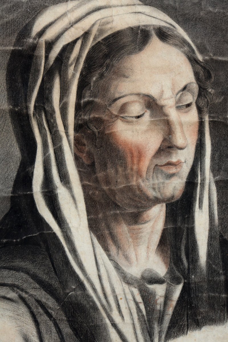 17th/18th Century School : “large Drawing Of Woman With A Veil”-photo-3