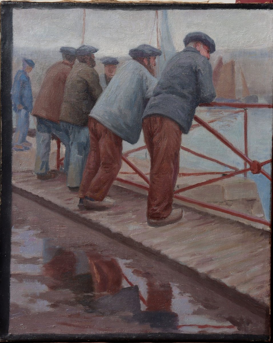 French School Circa 1910:  "breton Fishermen On The Quay"-photo-2