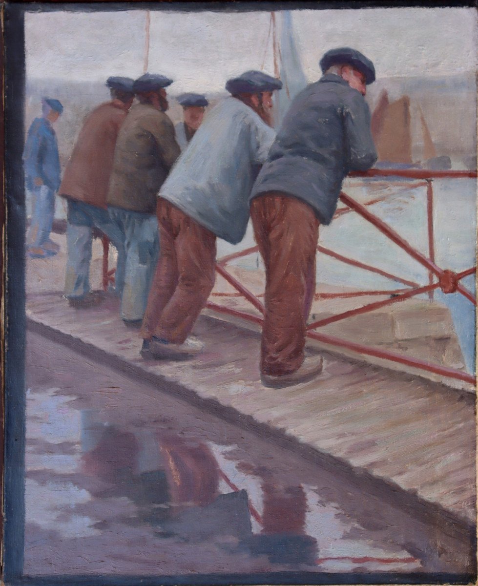 French School Circa 1910:  "breton Fishermen On The Quay"-photo-3