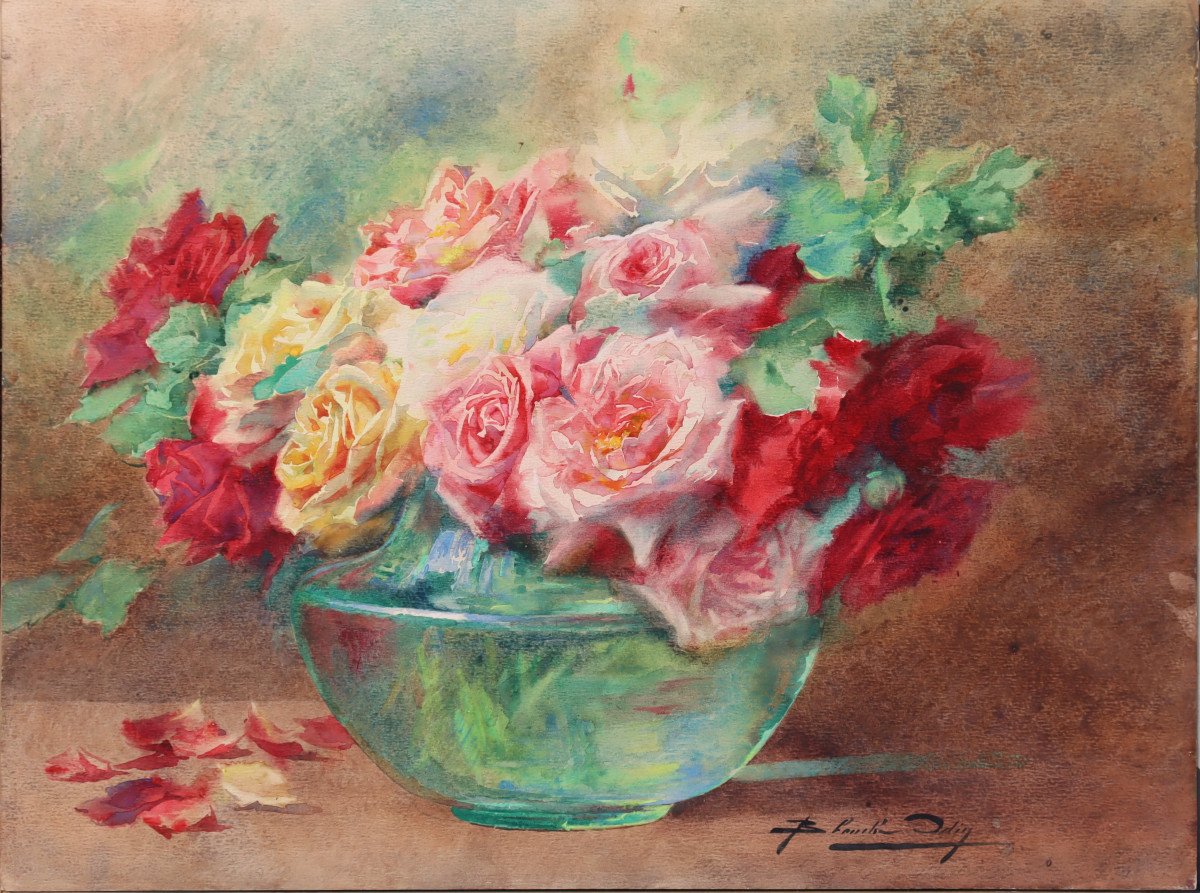 Blanche Odin : “large Bouquet Of Varied Roses In A Glass Vase”-photo-2
