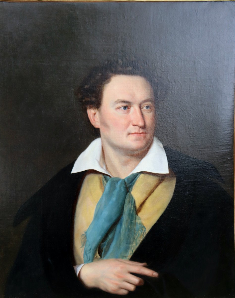 ECOLE FRANCAISE CIRCA 1820/30 : "EXCEPTIONNEL PORTRAIT D'HOMME AU MANTEAU"-photo-2