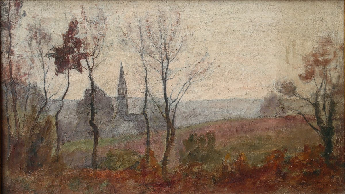 PAUL SEBILLEAU : "PAYSAGE A L'EGLISE"-photo-2