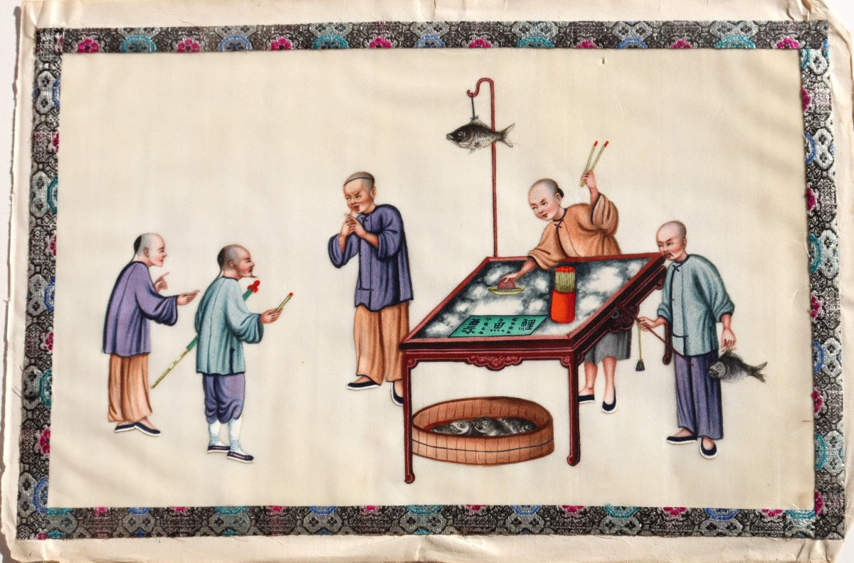 ECOLE DE CANTON : "ENSEMBLE DE 10 GRANDES PEINTURES SUR PAPIER DE RIZ"-photo-3