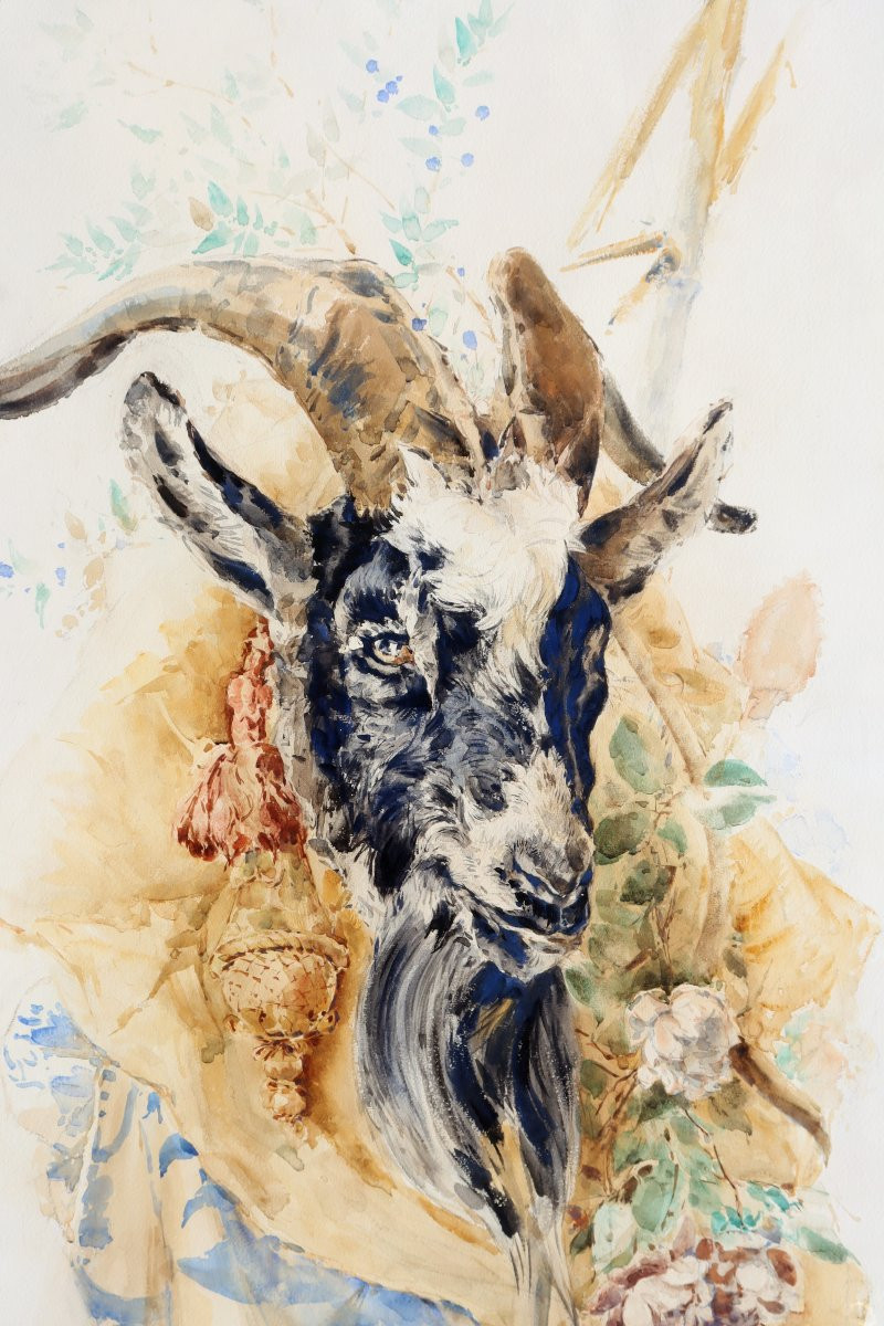 CHARLES TOCHE : "TRES GRANDE AQUARELLE LE BOUC"-photo-2