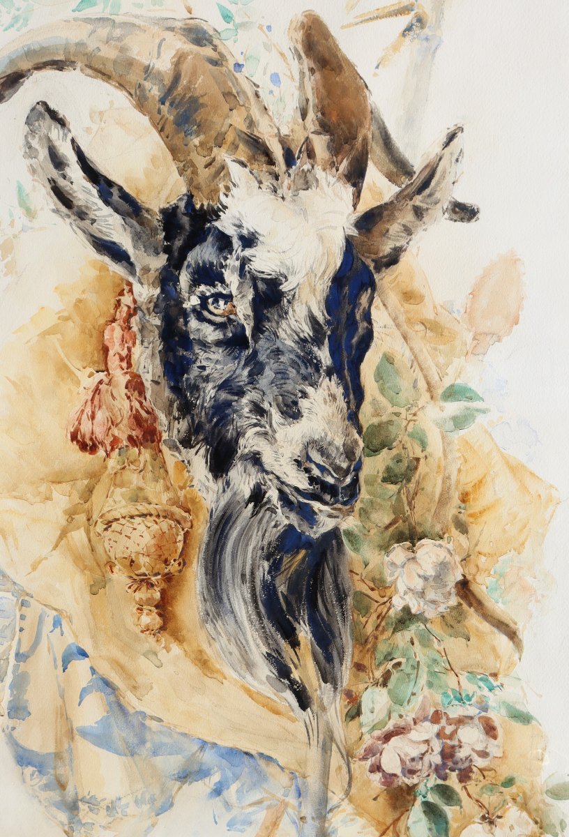 CHARLES TOCHE : "TRES GRANDE AQUARELLE LE BOUC"-photo-3