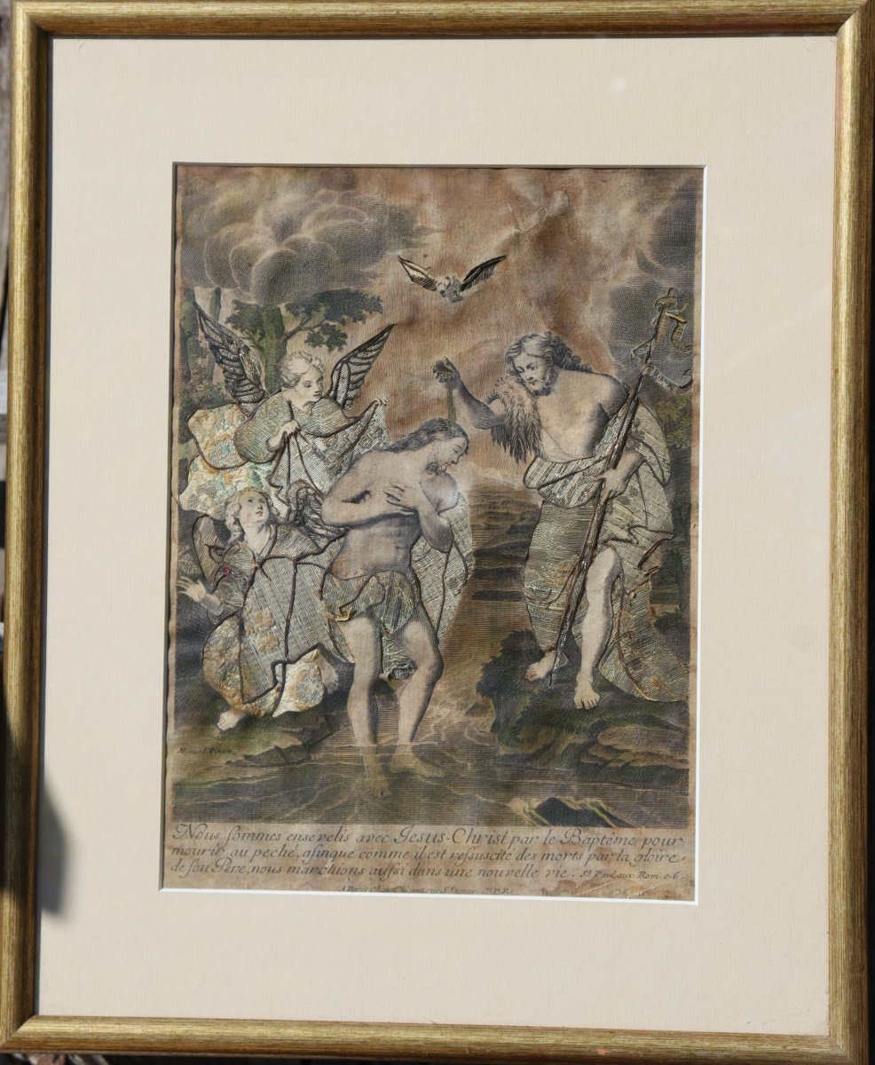 PIERRE MIGNARD : GRAVURE HABILLEE "LE BAPTÊME DU CHRIST"-photo-2