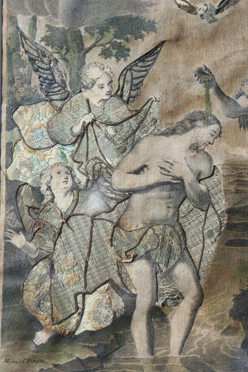 PIERRE MIGNARD : GRAVURE HABILLEE "LE BAPTÊME DU CHRIST"-photo-3