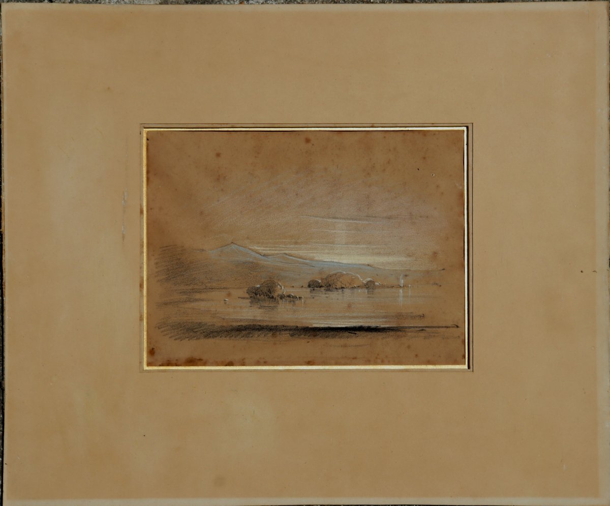 19th Century Romantic School : "lake At Sunset"-photo-2