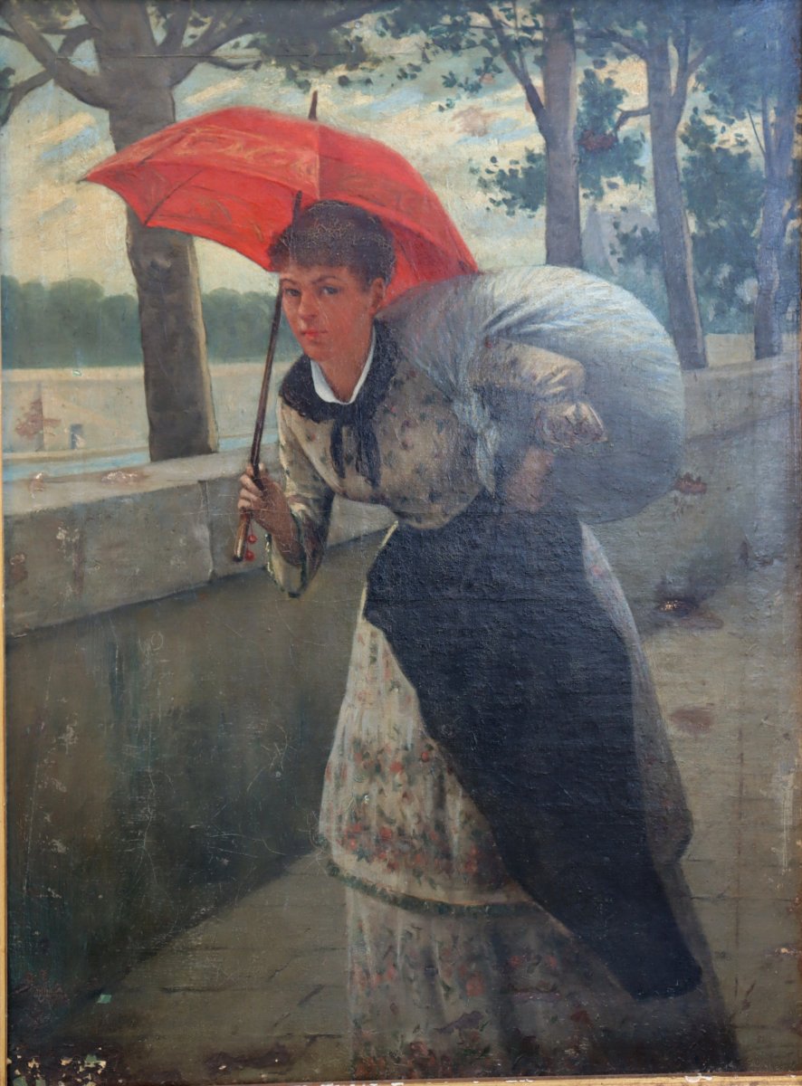 French School Circa 1900 : "the Red Umbrella"-photo-2