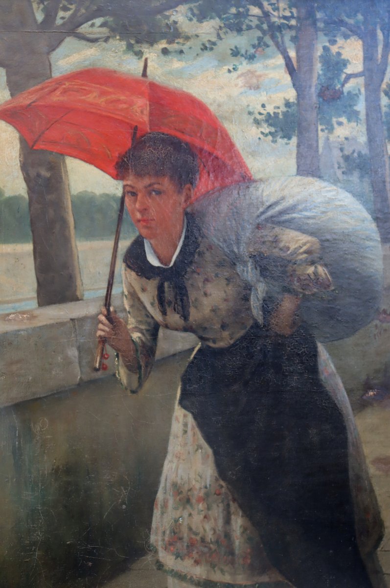 French School Circa 1900 : "the Red Umbrella"-photo-3