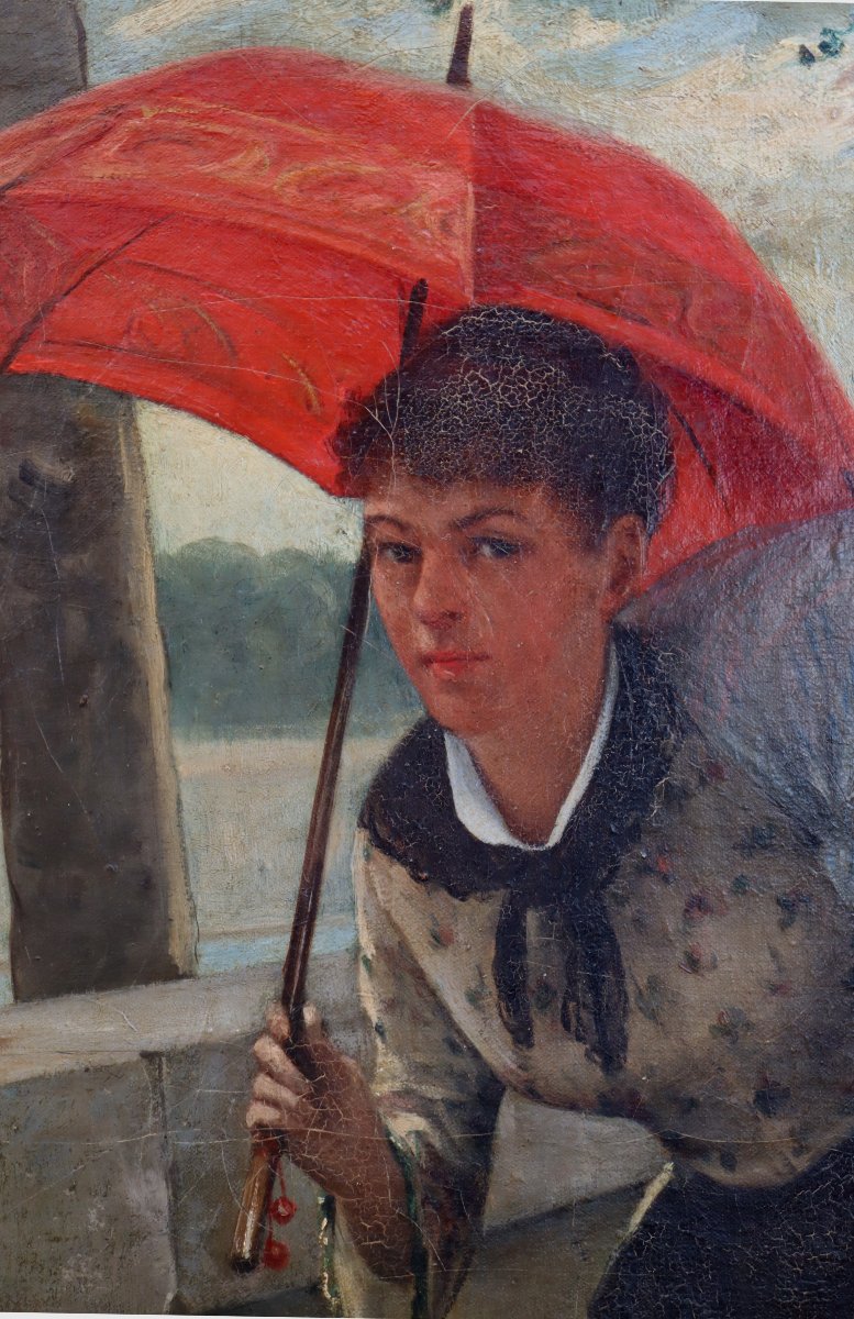 French School Circa 1900 : "the Red Umbrella"-photo-4