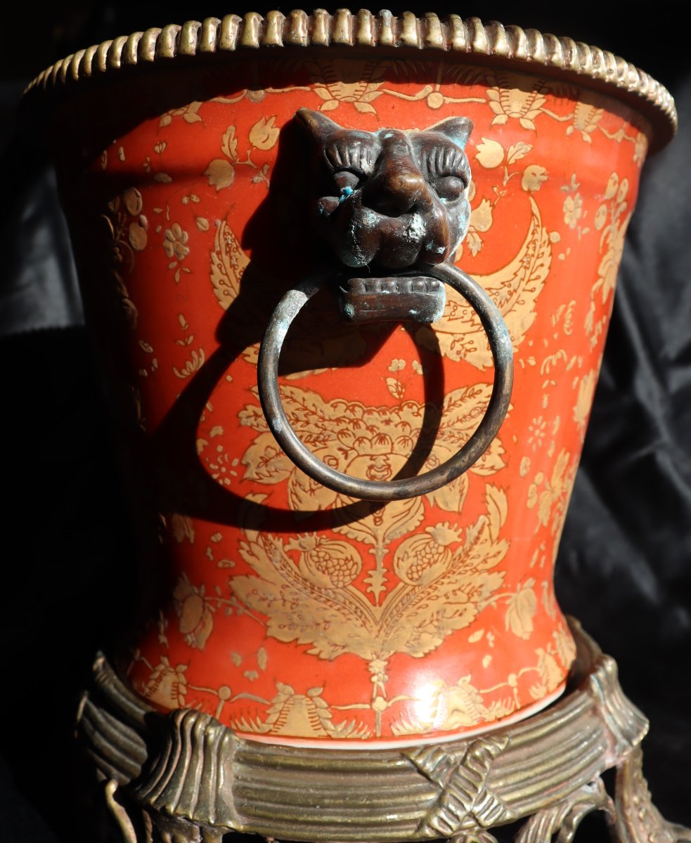 CHINE XXe : "GRAND CACHE-POT PORCELAINE MONTE BRONZE"-photo-4