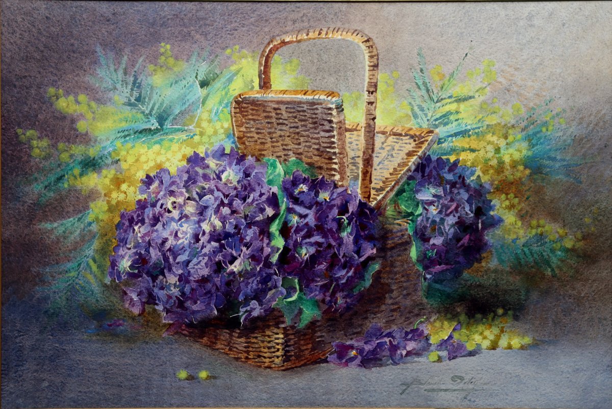 BLANCHE ODIN : "GRANDE AQUARELLE VIOLETTES ET MIMOSA"-photo-2