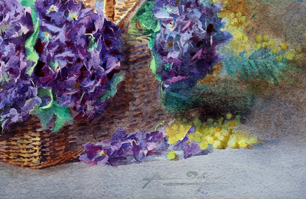BLANCHE ODIN : "GRANDE AQUARELLE VIOLETTES ET MIMOSA"-photo-4