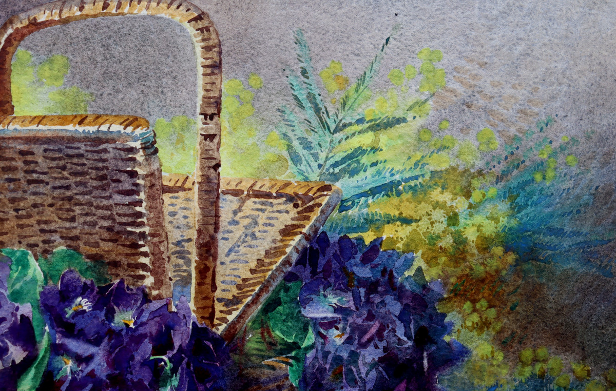 BLANCHE ODIN : "GRANDE AQUARELLE VIOLETTES ET MIMOSA"-photo-2