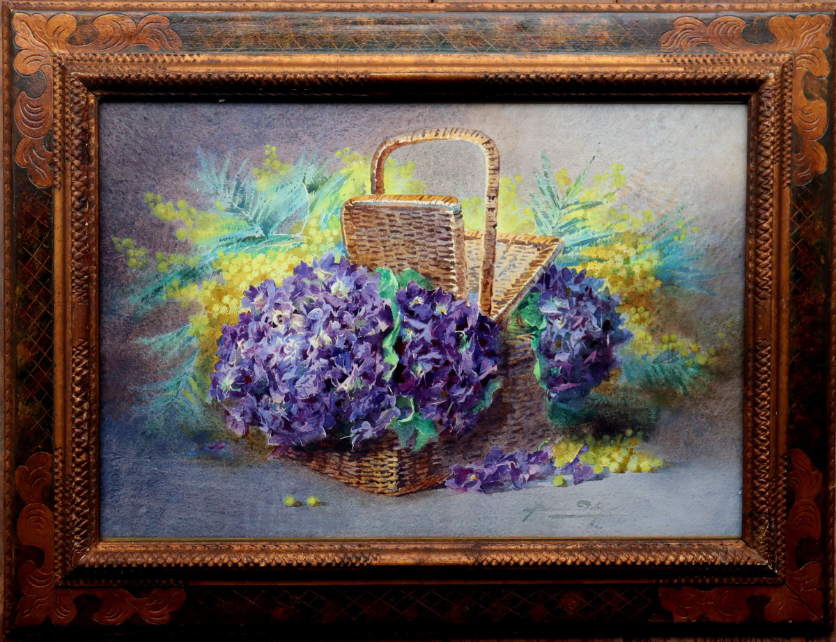 BLANCHE ODIN : "GRANDE AQUARELLE VIOLETTES ET MIMOSA"