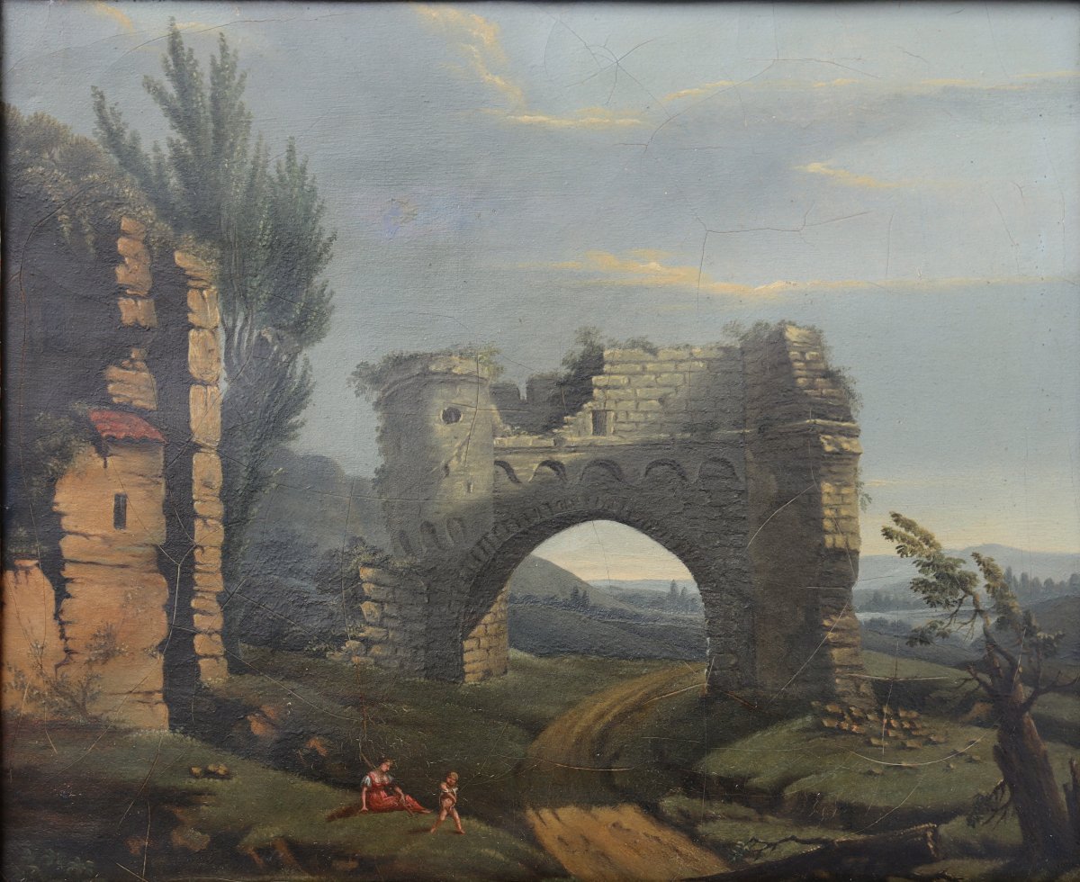 ECOLE FRANCAISE DEBUT XIXe : "PAYSAGE AUX RUINES"-photo-2