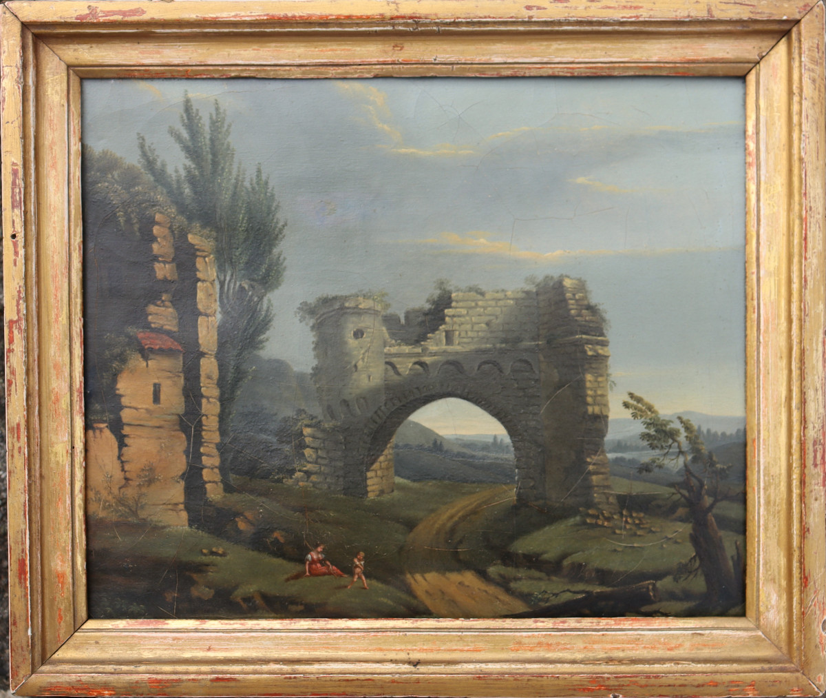 ECOLE FRANCAISE DEBUT XIXe : "PAYSAGE AUX RUINES"