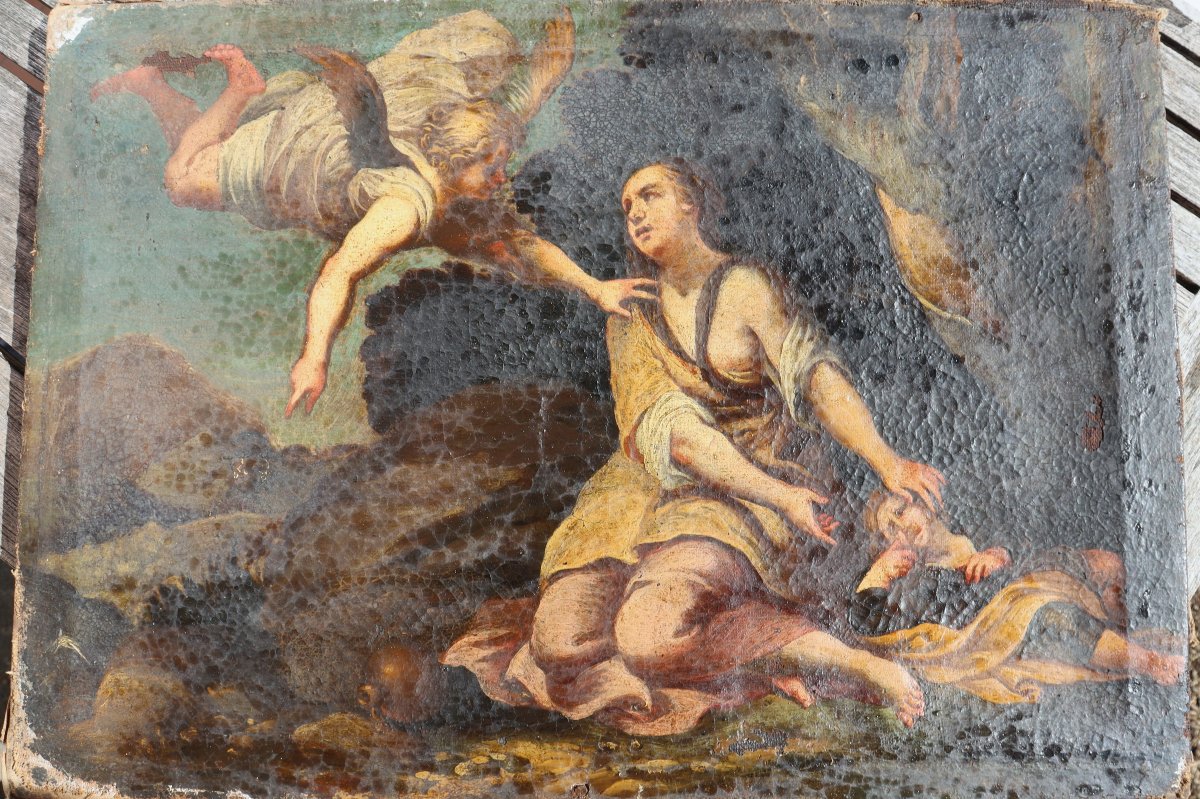 Italian School Circa 1630 :  "agar And Ismaël With The Angel"-photo-2