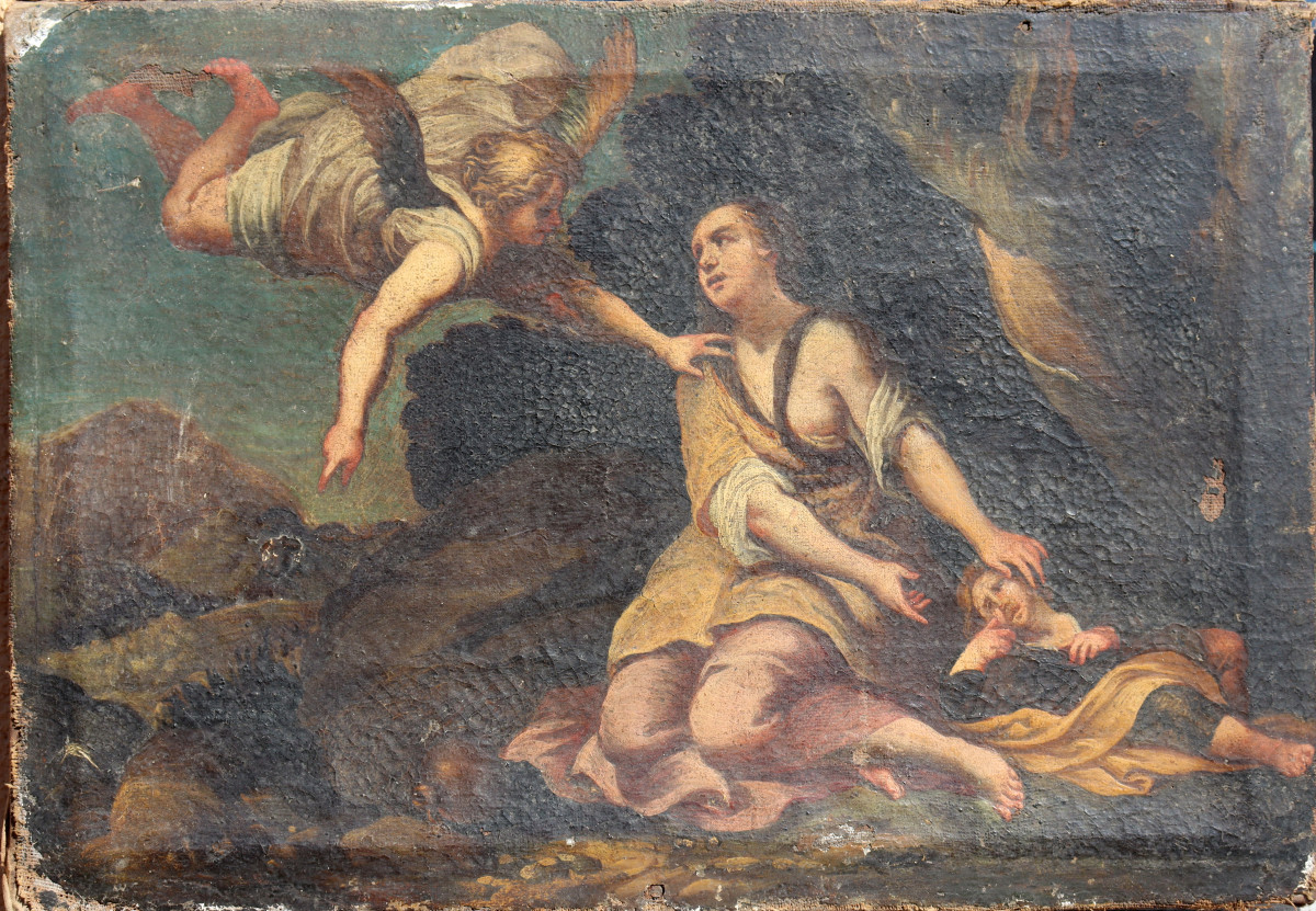 Italian School Circa 1630 :  "agar And Ismaël With The Angel"