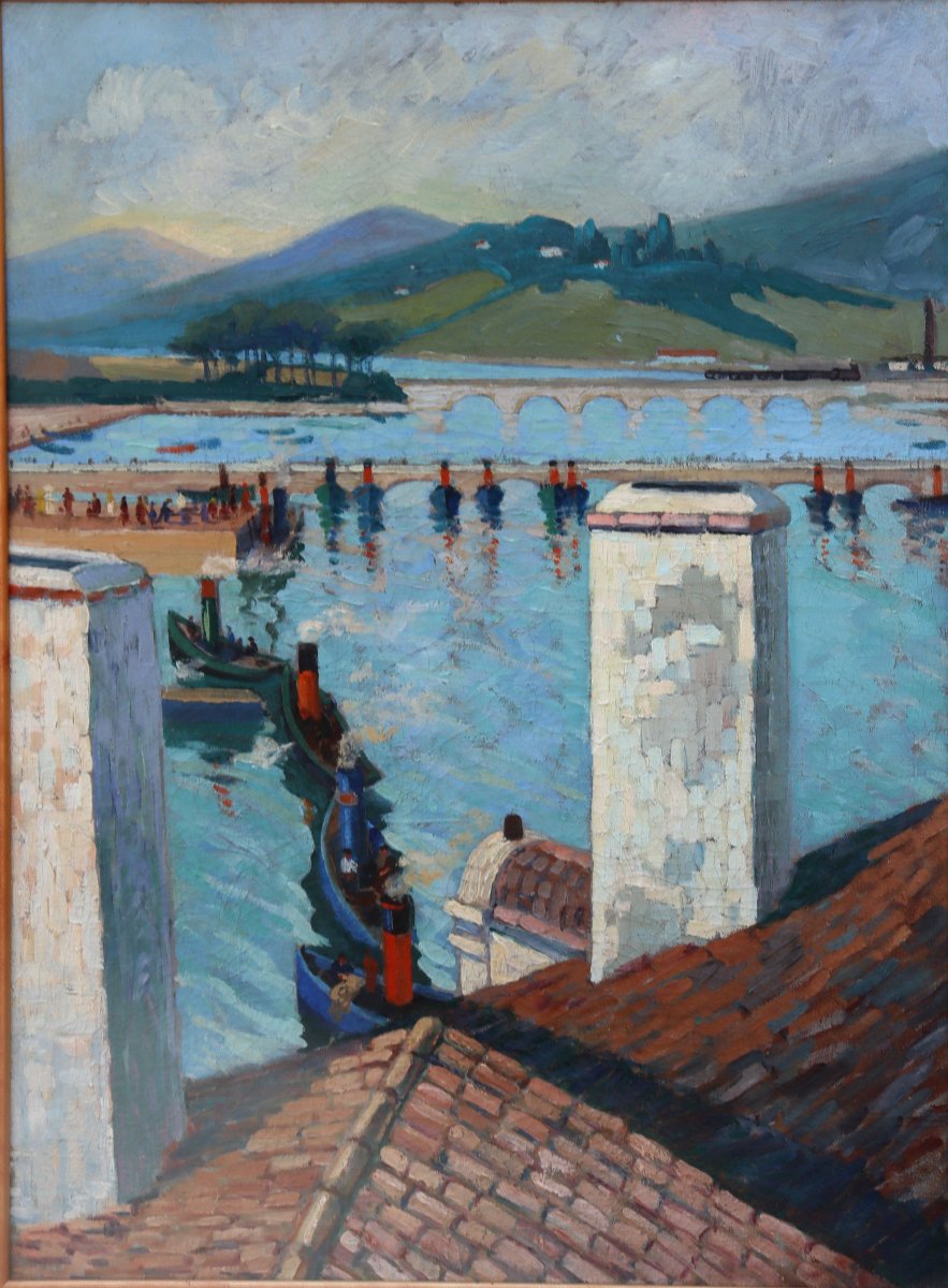 ECOLE FRANCAISE VERS 1930 : « LE PORT DE CIBOURE DEPUIS LES TOITS »-photo-2