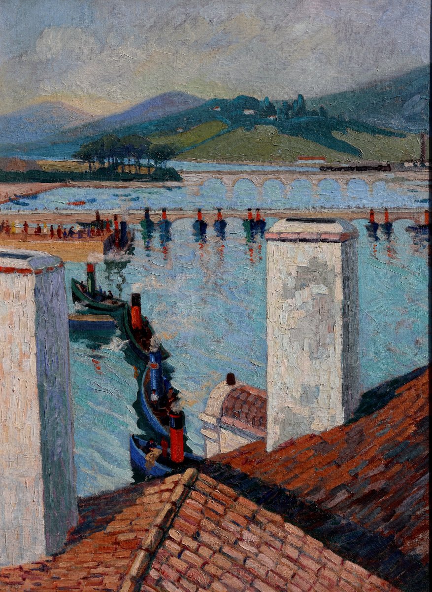 ECOLE FRANCAISE VERS 1930 : « LE PORT DE CIBOURE DEPUIS LES TOITS »-photo-1