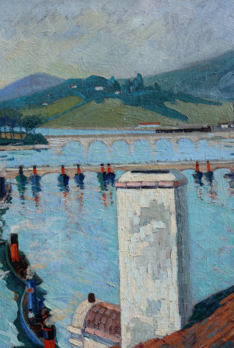 ECOLE FRANCAISE VERS 1930 : « LE PORT DE CIBOURE DEPUIS LES TOITS »-photo-3